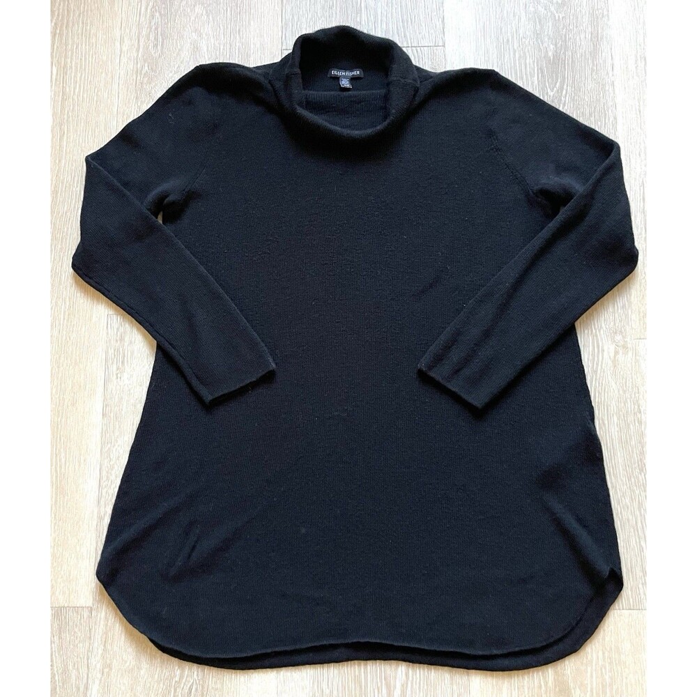 Eileen Fisher Womens M Black Wool Knit Cowl Neck Long Sleeve Pullover Sweater